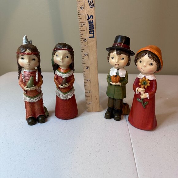 Thanksgiving Figurines Set Of 4 - Pilgrims and Native American Resin Figures - Picture 2 of 16